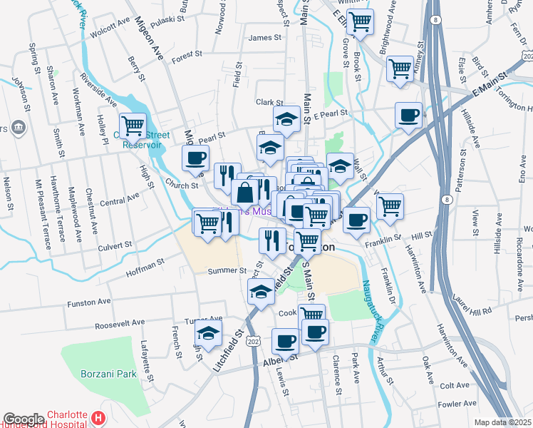 map of restaurants, bars, coffee shops, grocery stores, and more near 82 Water Street in Torrington