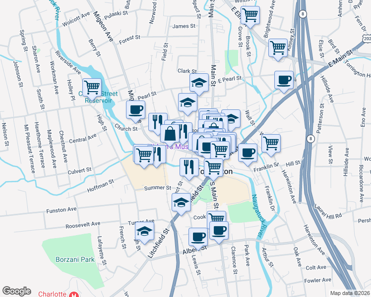 map of restaurants, bars, coffee shops, grocery stores, and more near 82 Water Street in Torrington