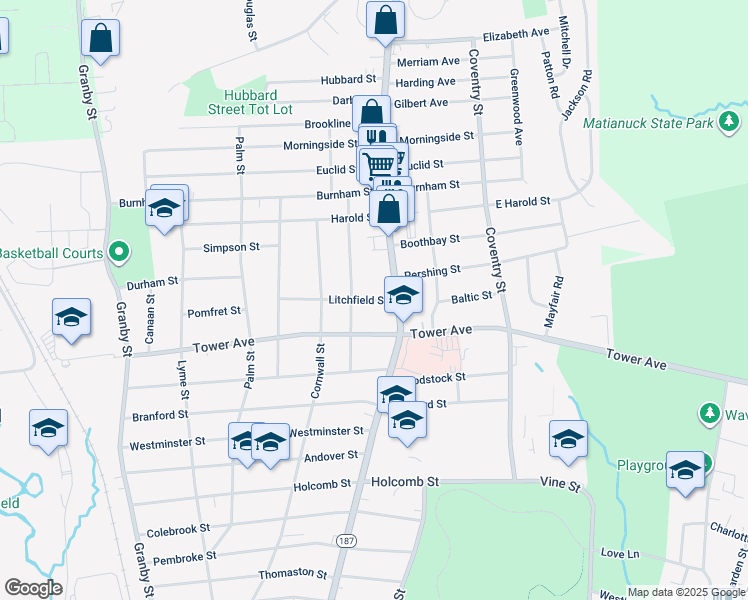 map of restaurants, bars, coffee shops, grocery stores, and more near 22 Litchfield Street in Hartford