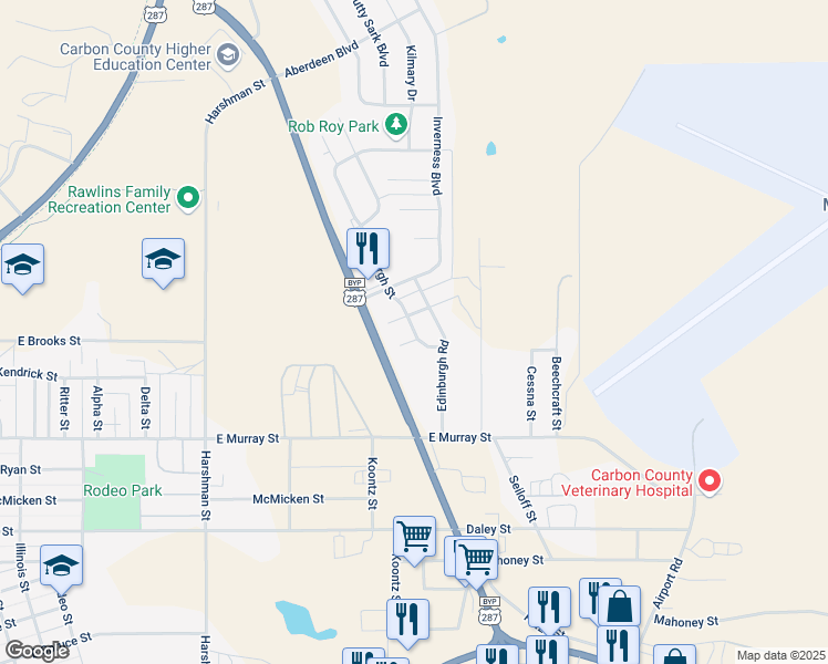 map of restaurants, bars, coffee shops, grocery stores, and more near 1507 Edinburgh Street in Rawlins