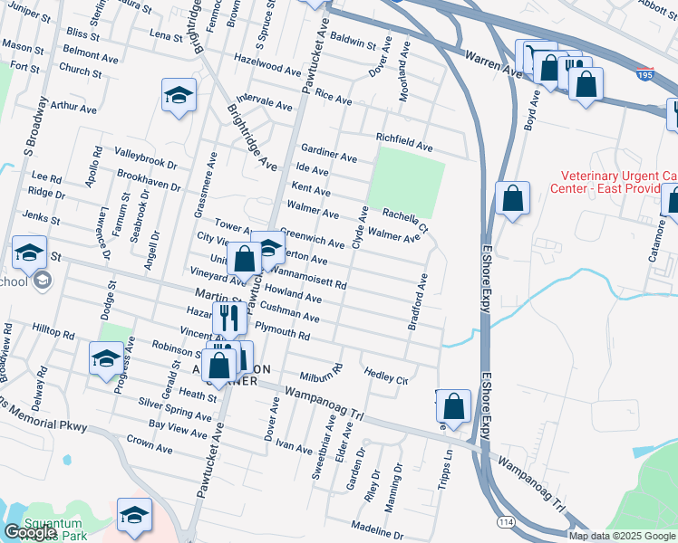 map of restaurants, bars, coffee shops, grocery stores, and more near 78 Allerton Avenue in East Providence