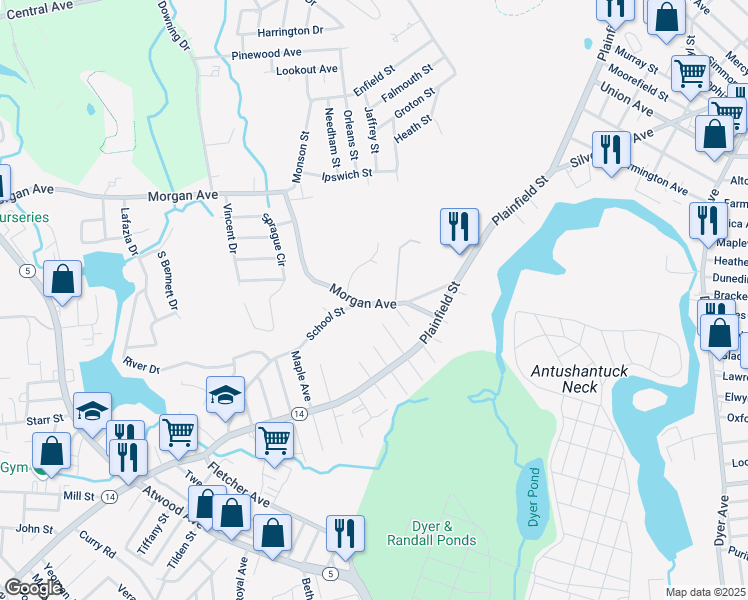 map of restaurants, bars, coffee shops, grocery stores, and more near 55 Morgan Avenue in Johnston
