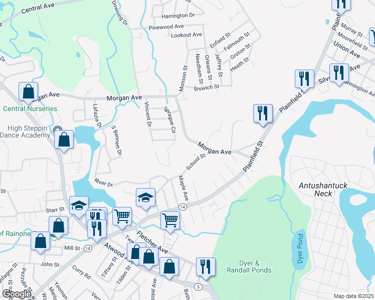 map of restaurants, bars, coffee shops, grocery stores, and more near 80 47 Morgan Avenue in Johnston