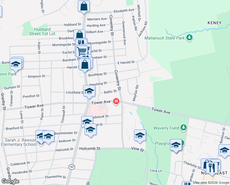 map of restaurants, bars, coffee shops, grocery stores, and more near 38 Baltic Street in Hartford