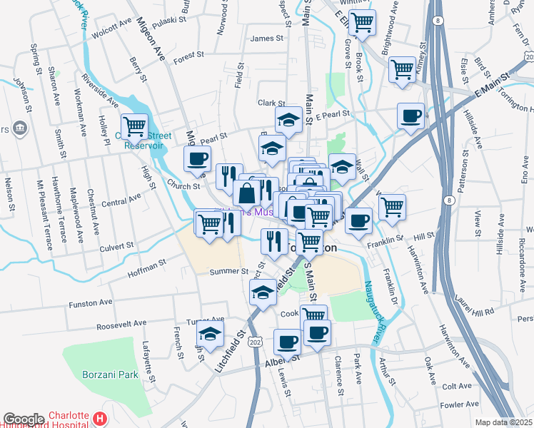 map of restaurants, bars, coffee shops, grocery stores, and more near 82 Water Street in Torrington