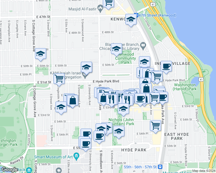 map of restaurants, bars, coffee shops, grocery stores, and more near 1227 East Hyde Park Boulevard in Chicago