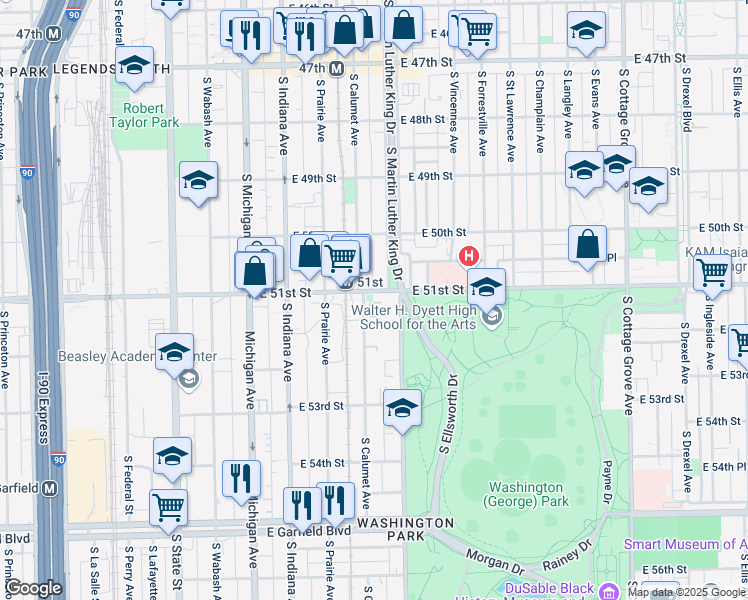map of restaurants, bars, coffee shops, grocery stores, and more near 126 East 51st Street in Chicago