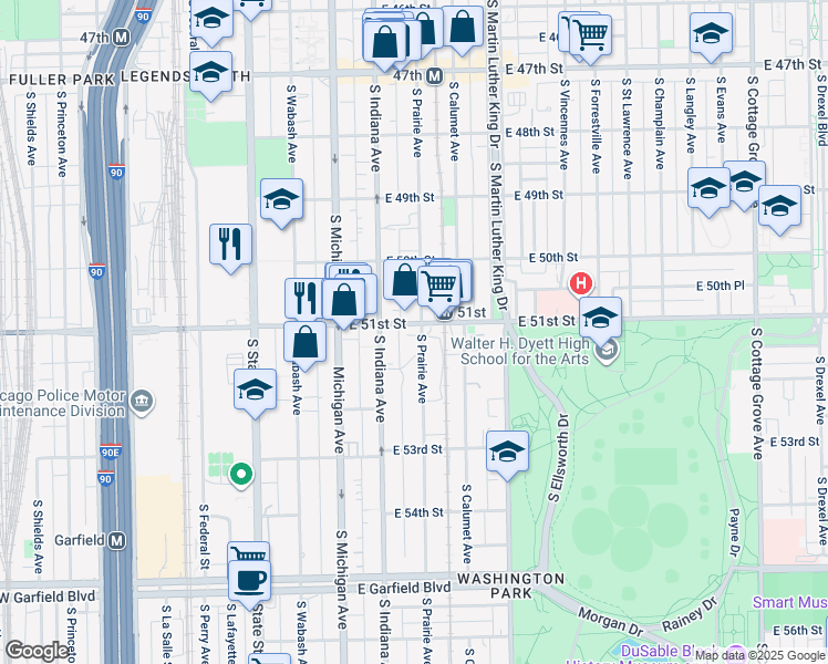 map of restaurants, bars, coffee shops, grocery stores, and more near 239 East 51st Street in Chicago