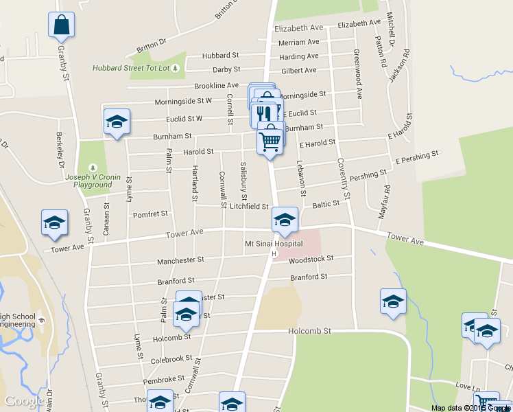 map of restaurants, bars, coffee shops, grocery stores, and more near 22 Litchfield Street in Hartford