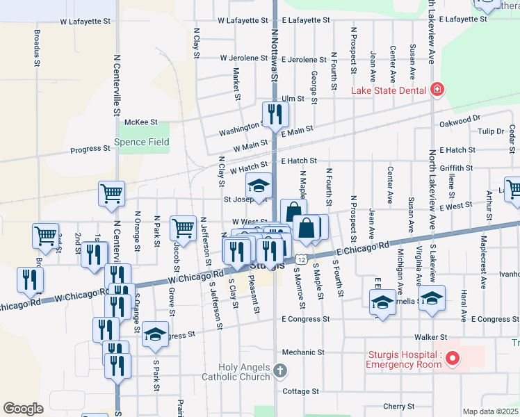map of restaurants, bars, coffee shops, grocery stores, and more near 107 W West St in Sturgis