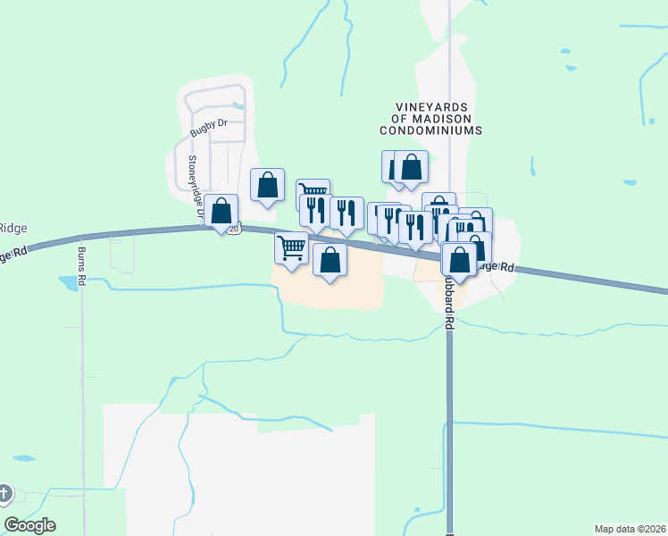 map of restaurants, bars, coffee shops, grocery stores, and more near 6584 North Ridge Road in Madison