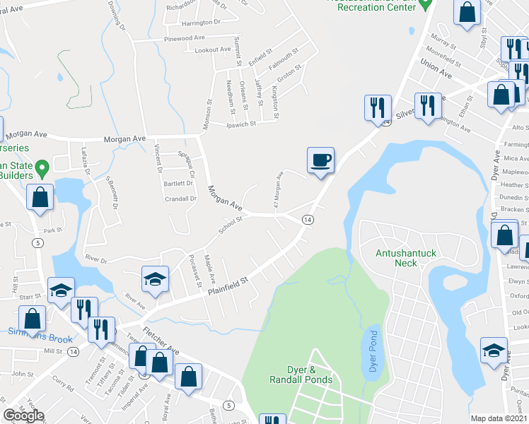 map of restaurants, bars, coffee shops, grocery stores, and more near 55 Morgan Avenue in Johnston