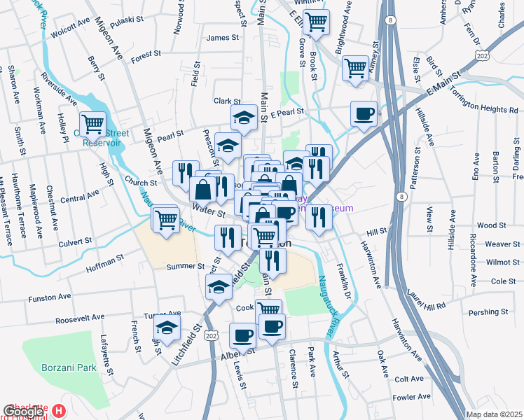 map of restaurants, bars, coffee shops, grocery stores, and more near 68 Main Street in Torrington