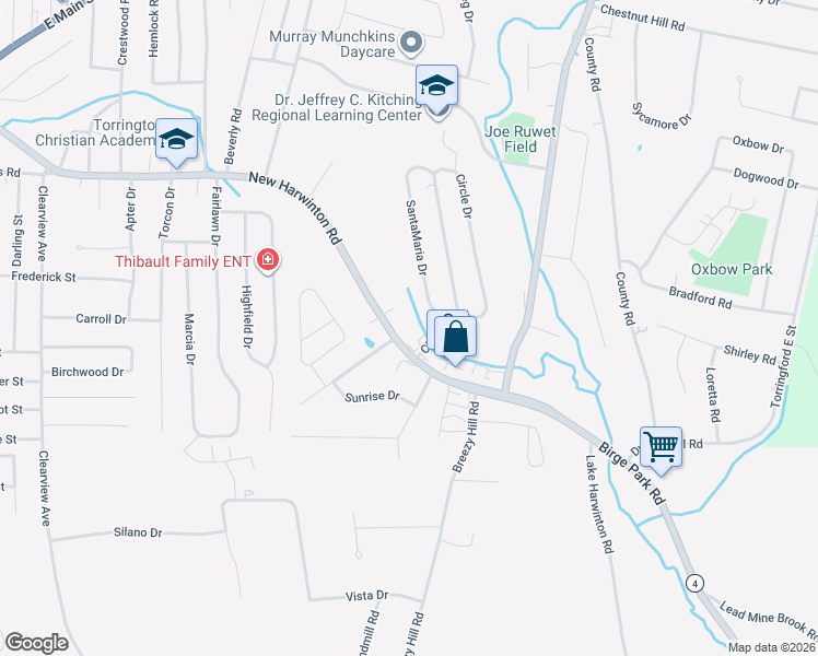 map of restaurants, bars, coffee shops, grocery stores, and more near 819 New Harwinton Road in Torrington