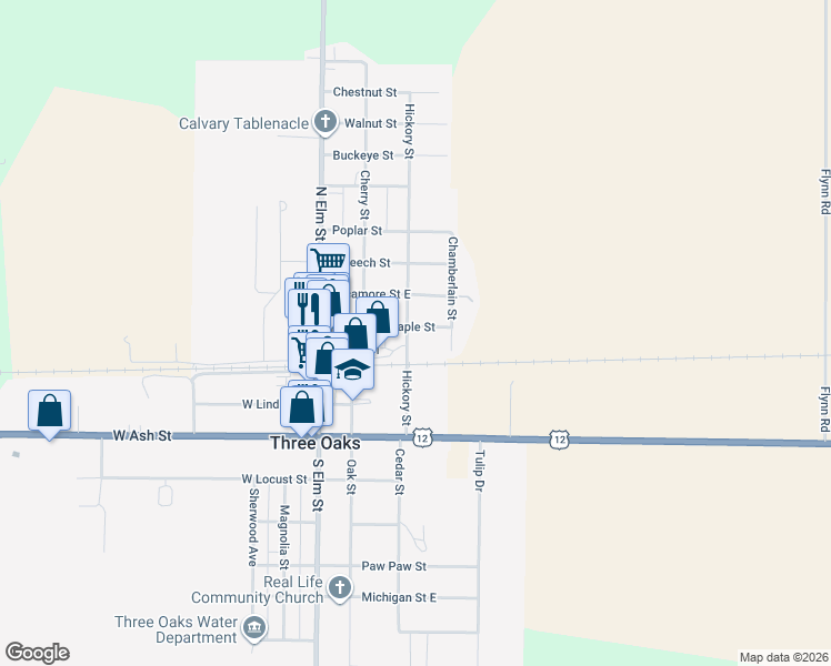 map of restaurants, bars, coffee shops, grocery stores, and more near 202 Maple Street in Three Oaks
