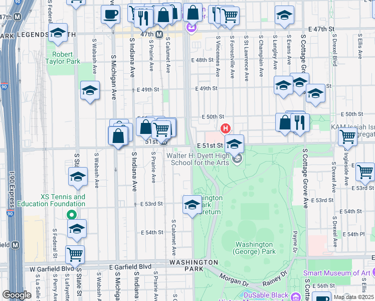 map of restaurants, bars, coffee shops, grocery stores, and more near 5100 South Evans Avenue in Chicago