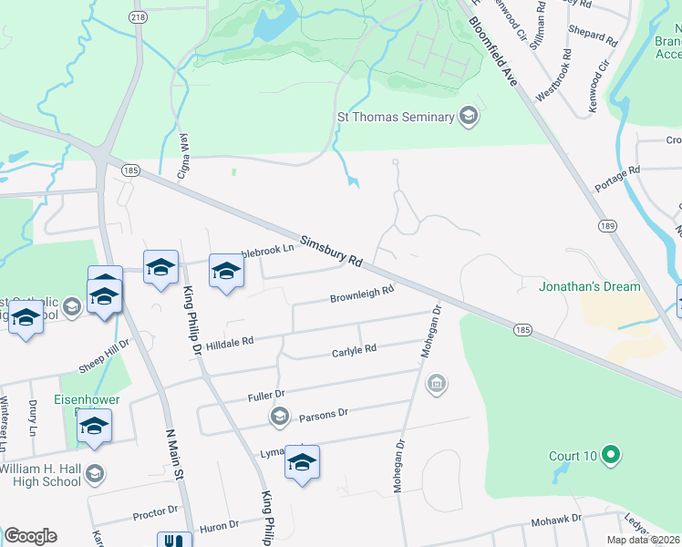 map of restaurants, bars, coffee shops, grocery stores, and more near 5 King Edward Road in West Hartford