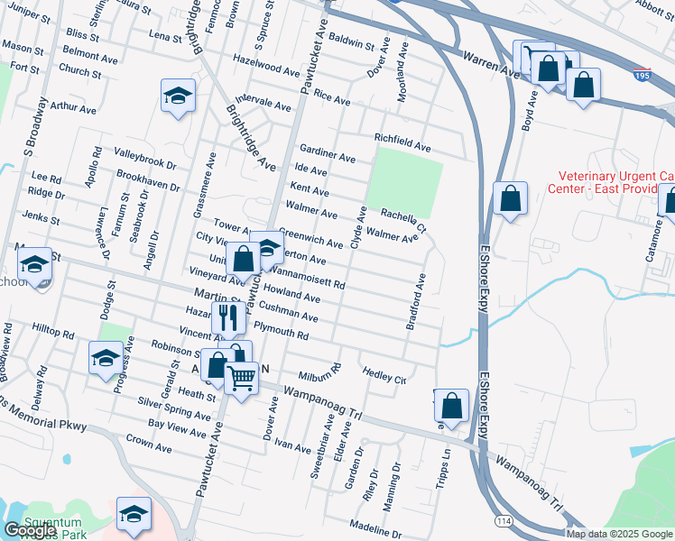 map of restaurants, bars, coffee shops, grocery stores, and more near 78 Allerton Avenue in East Providence