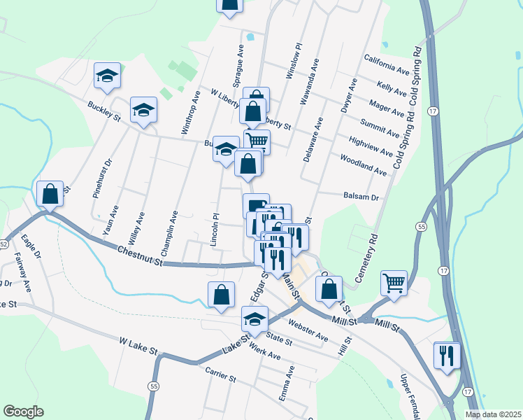 map of restaurants, bars, coffee shops, grocery stores, and more near 151 North Main Street in Liberty