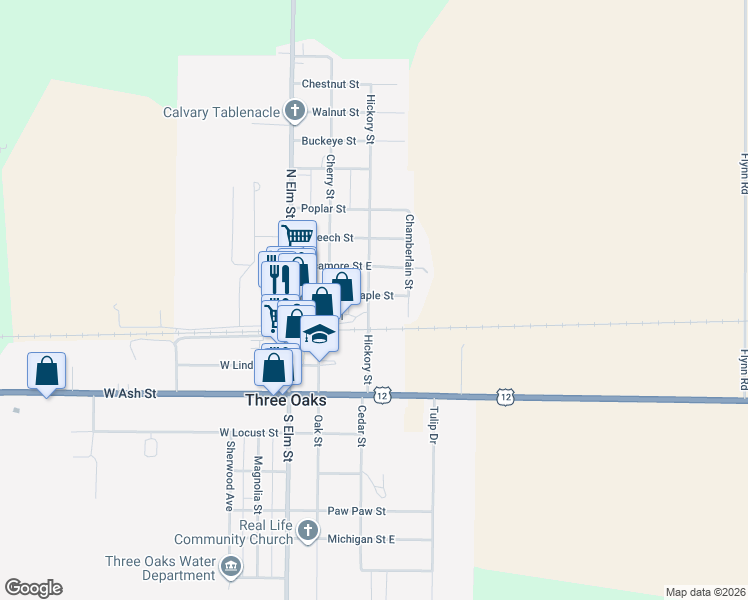 map of restaurants, bars, coffee shops, grocery stores, and more near 202 Maple Street in Three Oaks