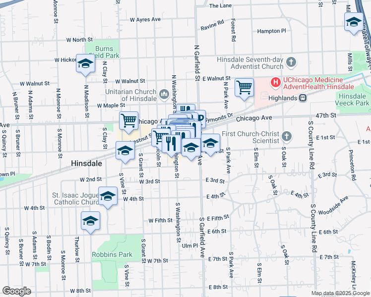 map of restaurants, bars, coffee shops, grocery stores, and more near in Hinsdale