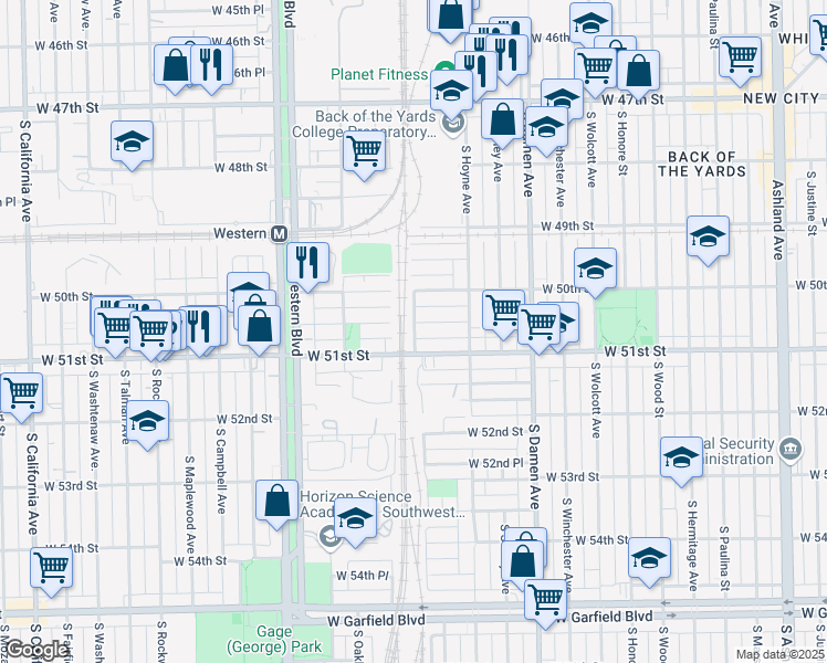 map of restaurants, bars, coffee shops, grocery stores, and more near 2255 West 50th Place in Chicago