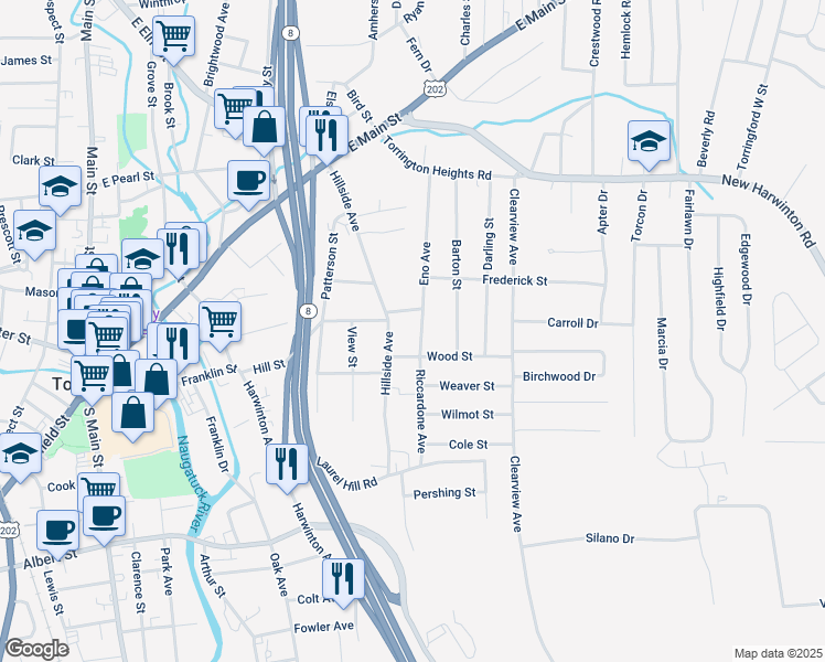 map of restaurants, bars, coffee shops, grocery stores, and more near 224 Eno Avenue in Torrington