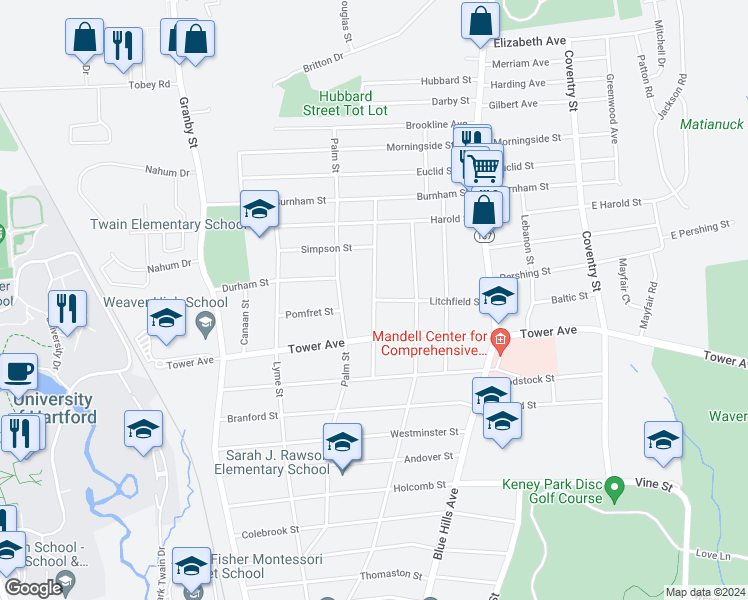 map of restaurants, bars, coffee shops, grocery stores, and more near 98 Litchfield Street in Hartford