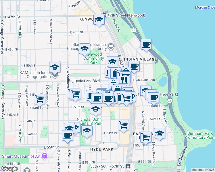 map of restaurants, bars, coffee shops, grocery stores, and more near 5118 South Blackstone Avenue in Chicago