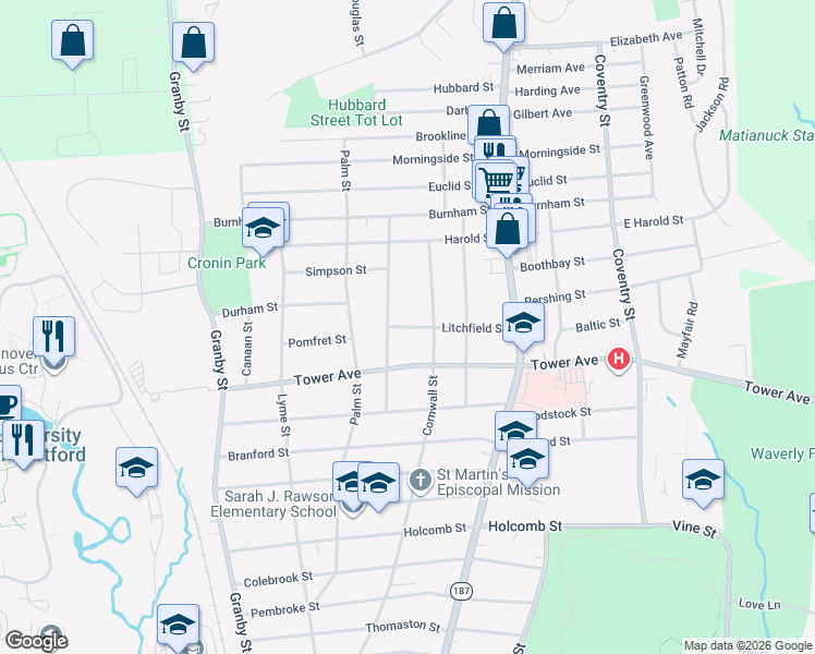 map of restaurants, bars, coffee shops, grocery stores, and more near 86 Litchfield St in Hartford