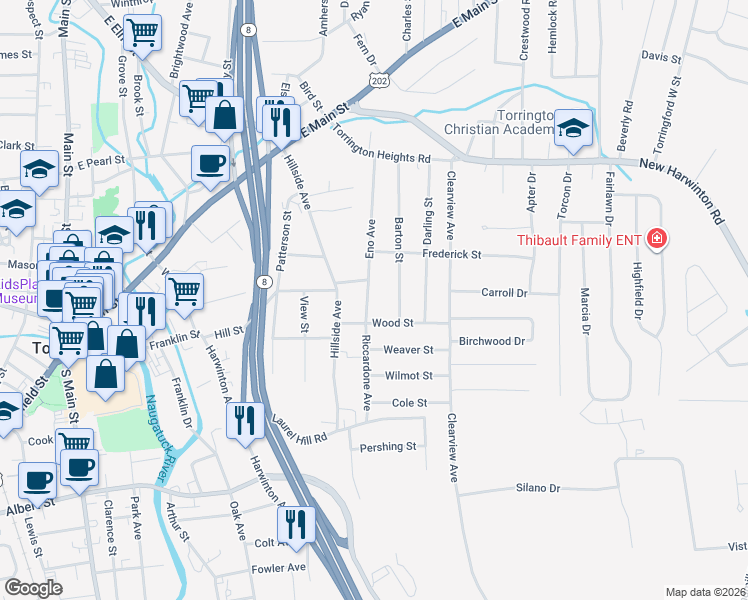 map of restaurants, bars, coffee shops, grocery stores, and more near 224 Eno Avenue in Torrington