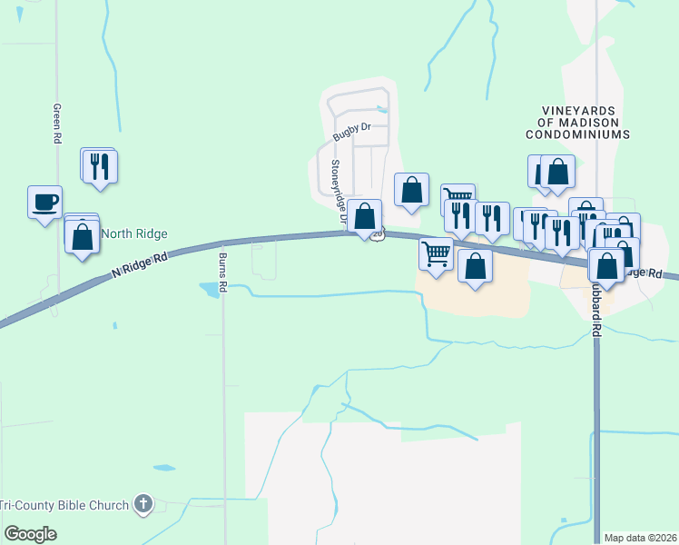 map of restaurants, bars, coffee shops, grocery stores, and more near 6360 North Ridge Road in Madison