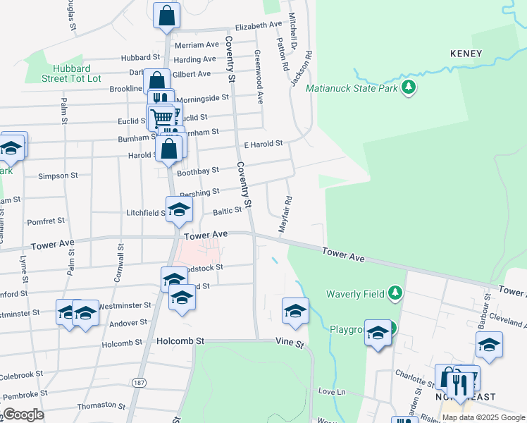 map of restaurants, bars, coffee shops, grocery stores, and more near 160 Coventry Street in Bloomfield
