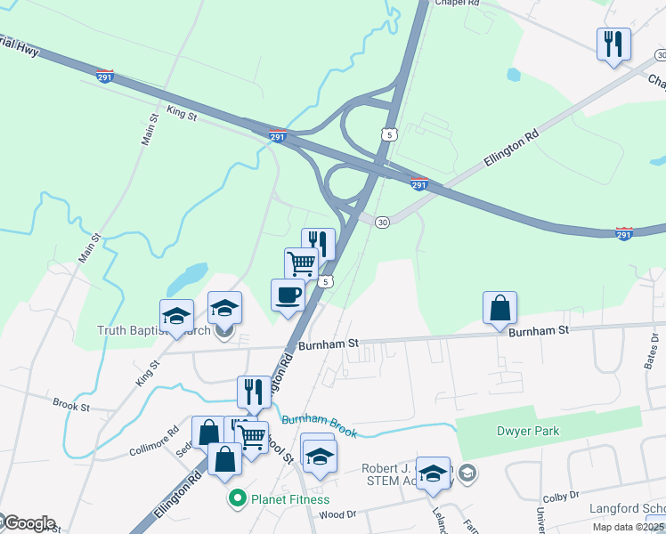 map of restaurants, bars, coffee shops, grocery stores, and more near 106 Ellington Road in South Windsor