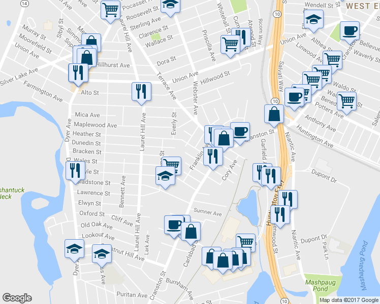map of restaurants, bars, coffee shops, grocery stores, and more near 97 Bain Street in Cranston