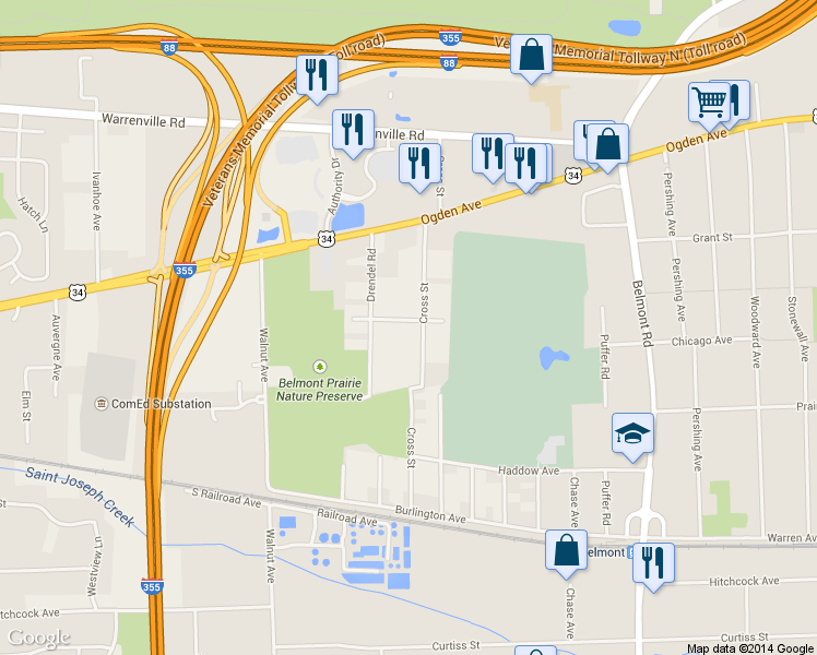 map of restaurants, bars, coffee shops, grocery stores, and more near 2529 Indianapolis Avenue in Downers Grove