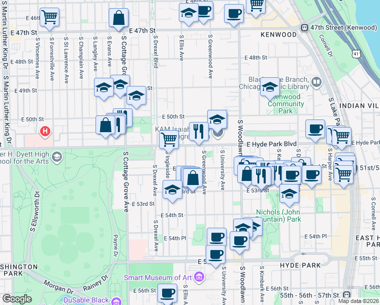 map of restaurants, bars, coffee shops, grocery stores, and more near 5115 South Ellis Avenue in Chicago