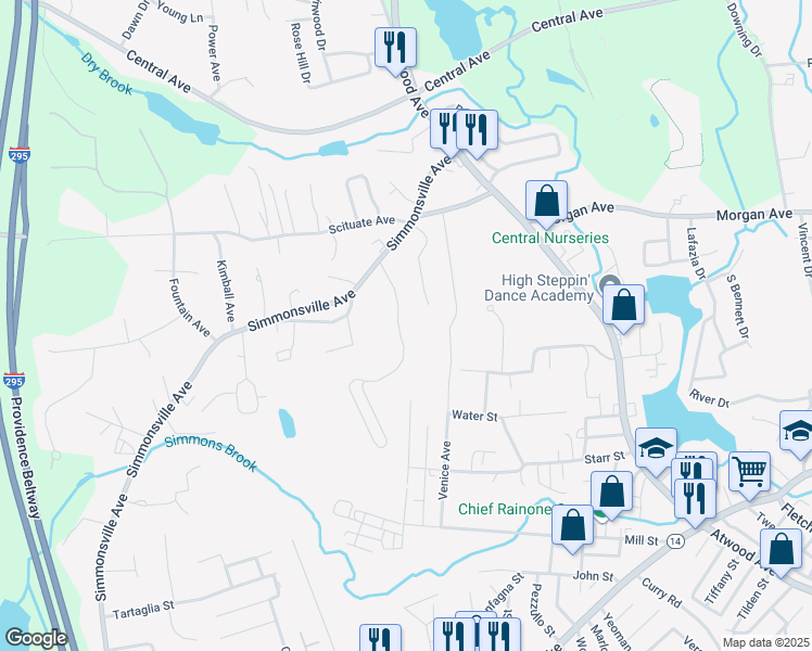 map of restaurants, bars, coffee shops, grocery stores, and more near 339 Belmont Avenue in Johnston