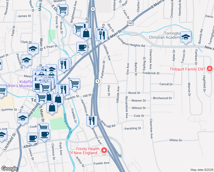 map of restaurants, bars, coffee shops, grocery stores, and more near 56 Rosen Avenue in Torrington