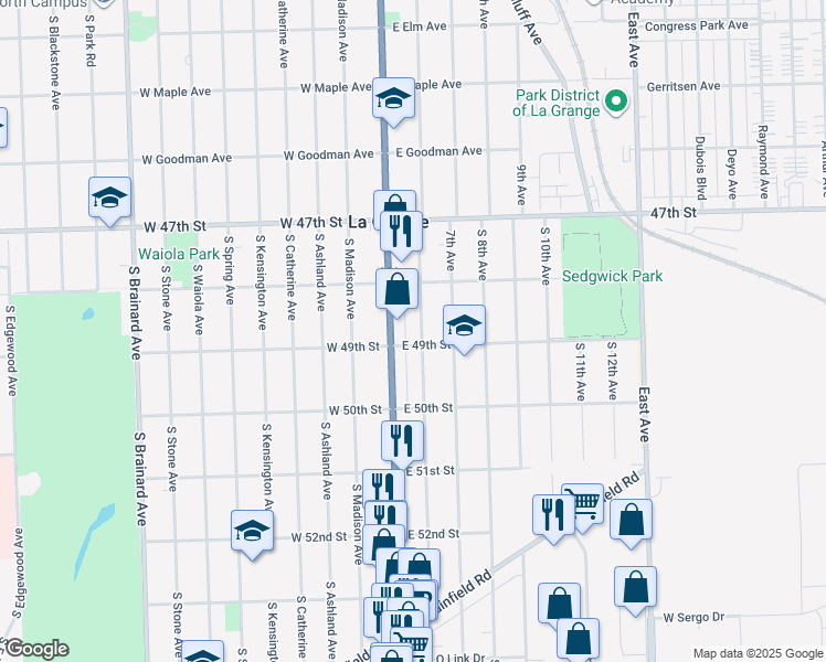 map of restaurants, bars, coffee shops, grocery stores, and more near 636 6th Avenue in La Grange