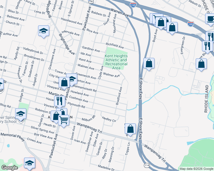 map of restaurants, bars, coffee shops, grocery stores, and more near 106 Allerton Avenue in East Providence