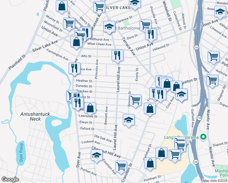 map of restaurants, bars, coffee shops, grocery stores, and more near 83 Bracken Street in Cranston