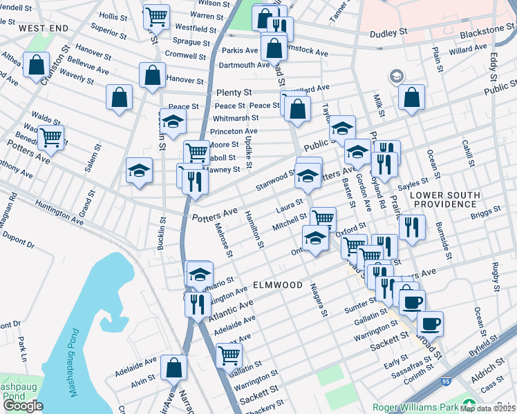 map of restaurants, bars, coffee shops, grocery stores, and more near 419 Potters Avenue in Providence