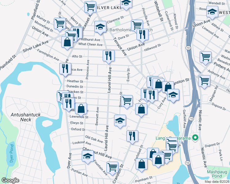map of restaurants, bars, coffee shops, grocery stores, and more near 54 Dunedin Street in Cranston