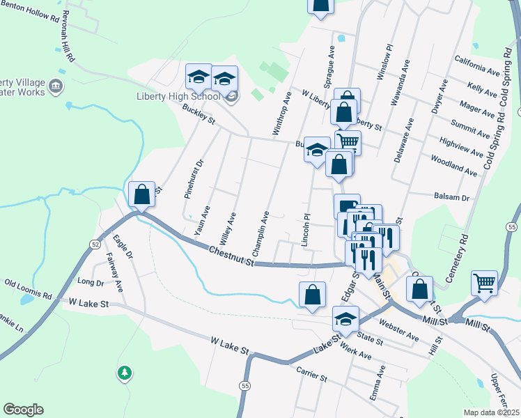 map of restaurants, bars, coffee shops, grocery stores, and more near 70 Champlin Avenue in Liberty