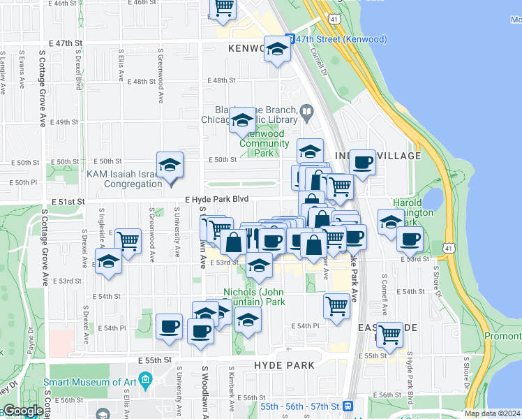 map of restaurants, bars, coffee shops, grocery stores, and more near 5112 South Dorchester Avenue in Chicago