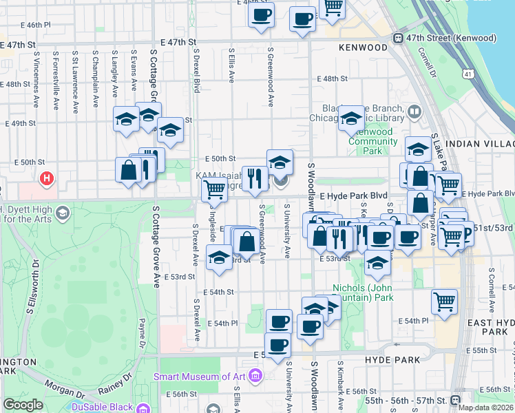 map of restaurants, bars, coffee shops, grocery stores, and more near 1031 East Hyde Park Boulevard in Chicago