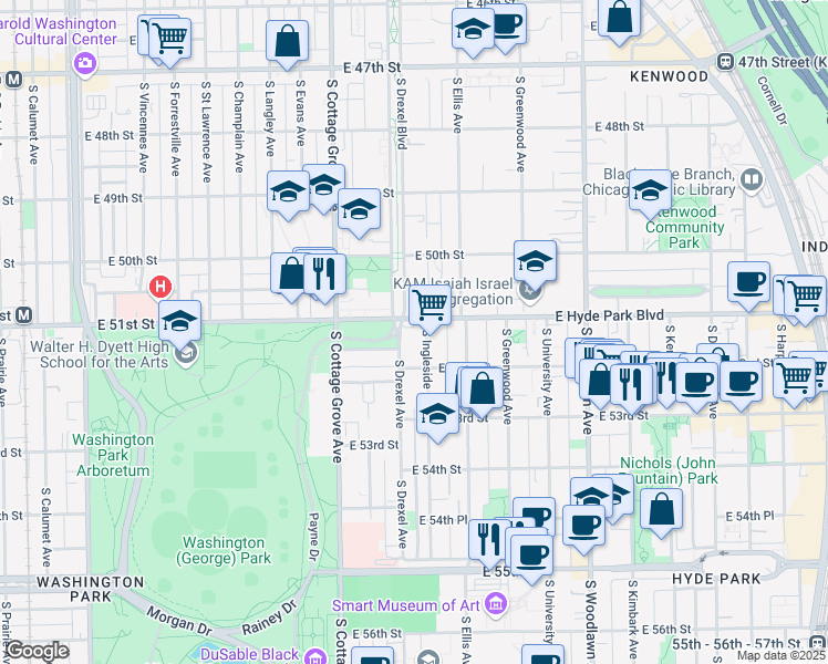 map of restaurants, bars, coffee shops, grocery stores, and more near 919 East Hyde Park Boulevard in Chicago