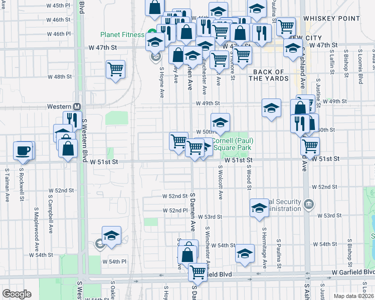 map of restaurants, bars, coffee shops, grocery stores, and more near 5036 South Damen Avenue in Chicago
