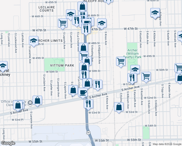 map of restaurants, bars, coffee shops, grocery stores, and more near 5017 South Cicero Avenue in Chicago